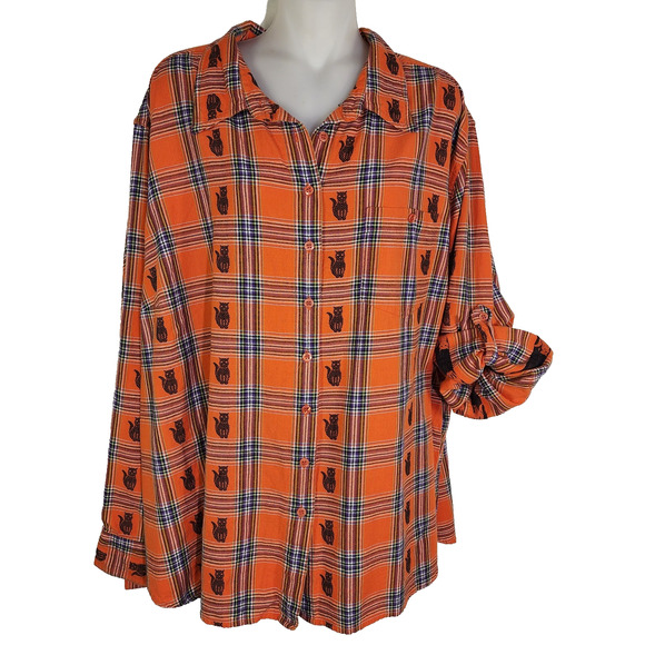 Liz & Me Womens Shirt 3X Button Up Black Cat Halloween Whimsigoth Plaid Witchy - Picture 1 of 10